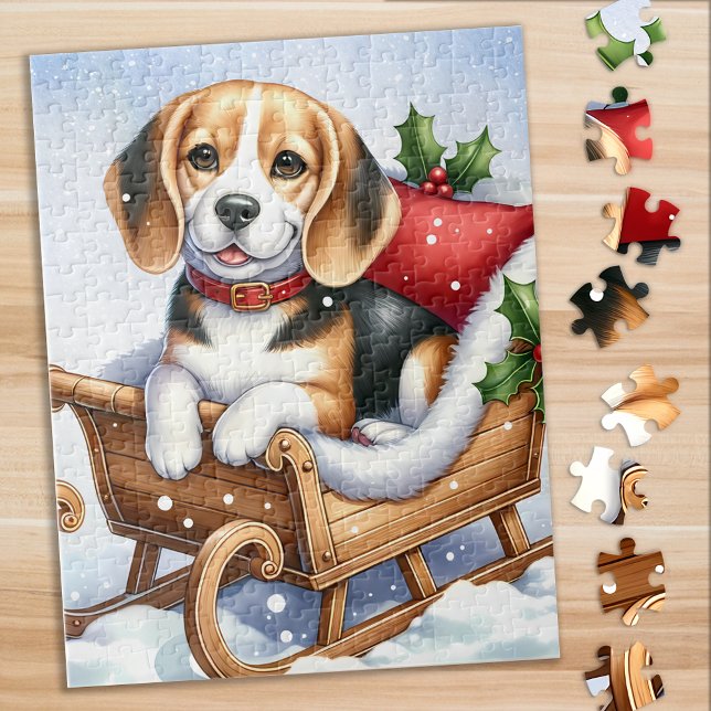 Beagle Puppy Dog Festive Holiday Scene Christmas Jigsaw Puzzle (Creator Uploaded)