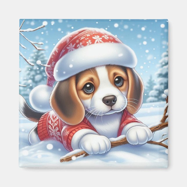 Beagle Puppy in Christmas Outfit Enjoying The Snow Magnet (Front)