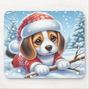 Beagle Puppy in Christmas Outfit Enjoying The Snow Mouse Pad