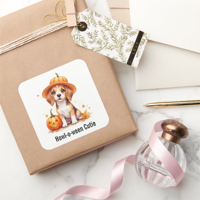 Beagle Puppy in Pumpkin Hat Halloween Watercolor Square Sticker (Gifting)