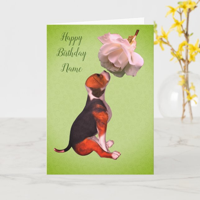 Beagle Puppy Rose Personalised  Birthday  Card (Yellow Flower)