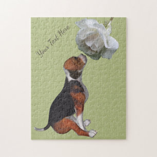 Beagle Puppy Smelling White Rose Personalised Jigsaw Puzzle