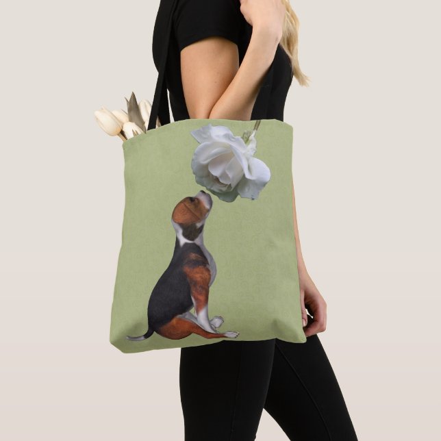 Beagle Puppy Smelling White Rose  Tote Bag (Close Up)