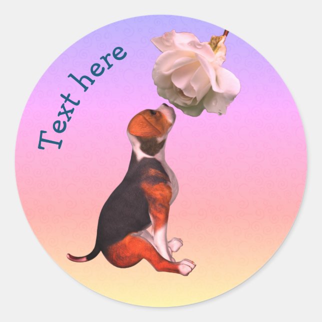 Beagle Puppy White Rose Cute Dog Personalised Classic Round Sticker (Front)