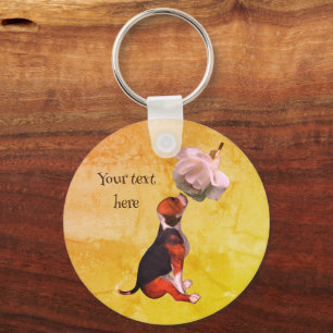 Beagle Puppy White Rose Cute Personalized Key Ring