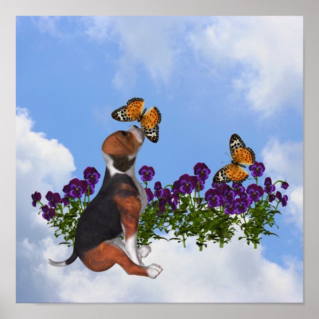 Beagle Puppy With Butterflies And Flowers Poster (Front)