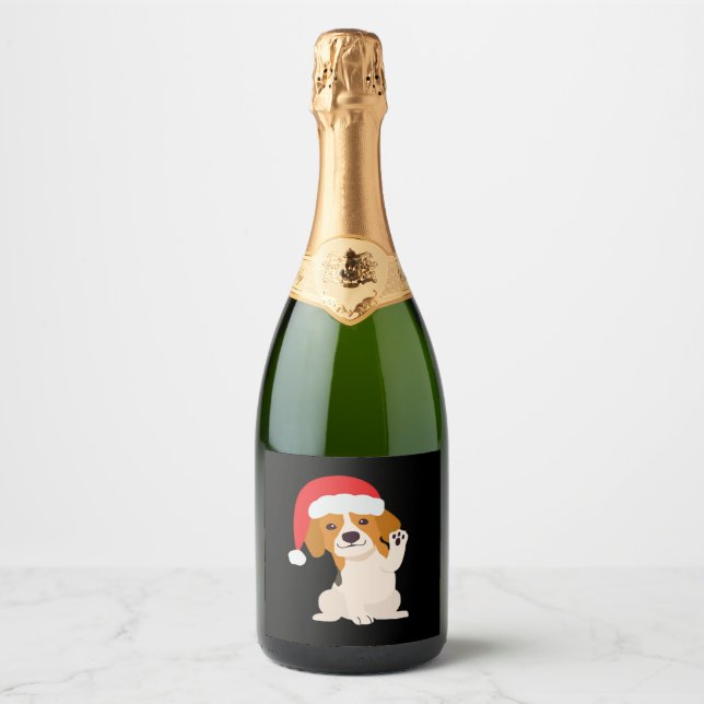 Beagle puppy with Santa's hat for dog lovers Overs Sparkling Wine Label (Front)