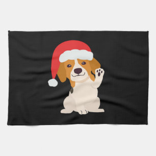 Beagle puppy with Santa's hat for dog lovers Overs Tea Towel