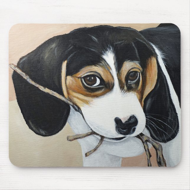 Beagle Puppy with Stick Painting Mouse Pad (Front)