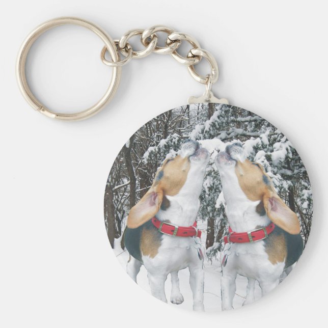 Beagle Pups Howling in the Woods Key Ring (Front)