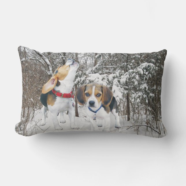 Beagle Pups Snowy Woods Lumbar Pillow (Front)