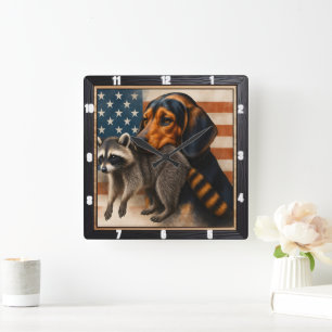 Beagle Raccoon American Flag  Square Wall Clock