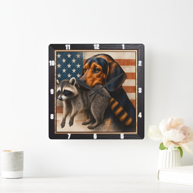 Beagle Racoon American Flag  Square Wall Clock (Home)