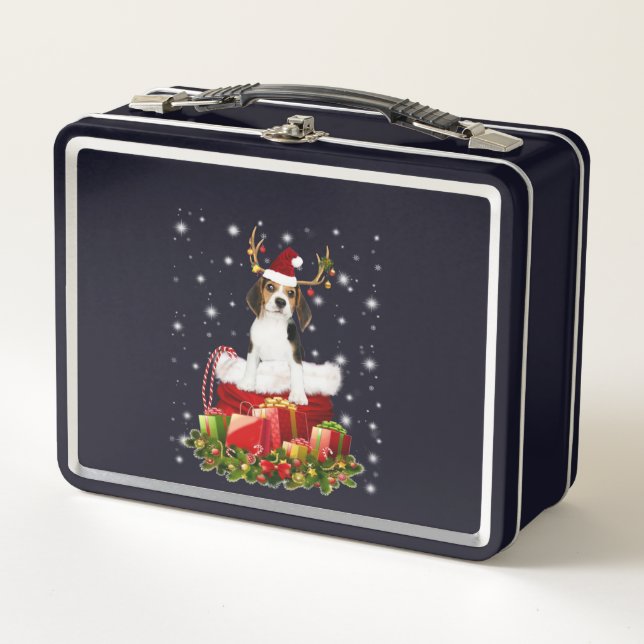 Beagle Reindeer Pressent Christmas Gift Metal Lunch Box (Front)