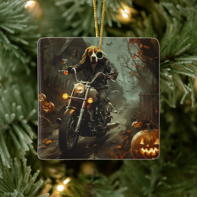 Beagle Riding Motorcycle Halloween Scary  Ceramic Ornament (Tree)