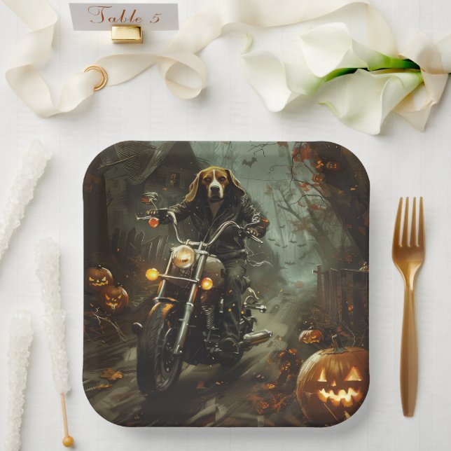Beagle Riding Motorcycle Halloween Scary  Paper Plate (Wedding)