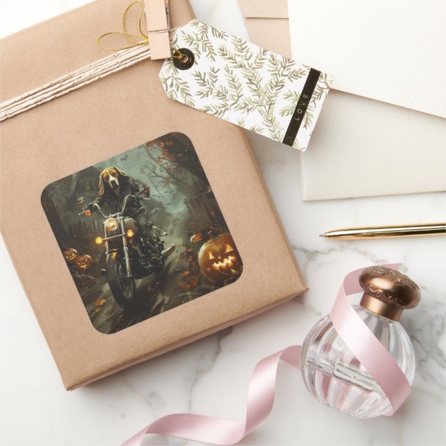 Beagle Riding Motorcycle Halloween Scary  Square Sticker (Gifting)