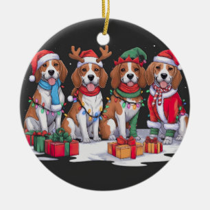 Beagle Santa hat antlers elf Christmas lights Ceramic Ornament