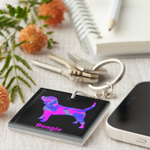 Beagle Silhouette Hot Pink & Blue Key Ring