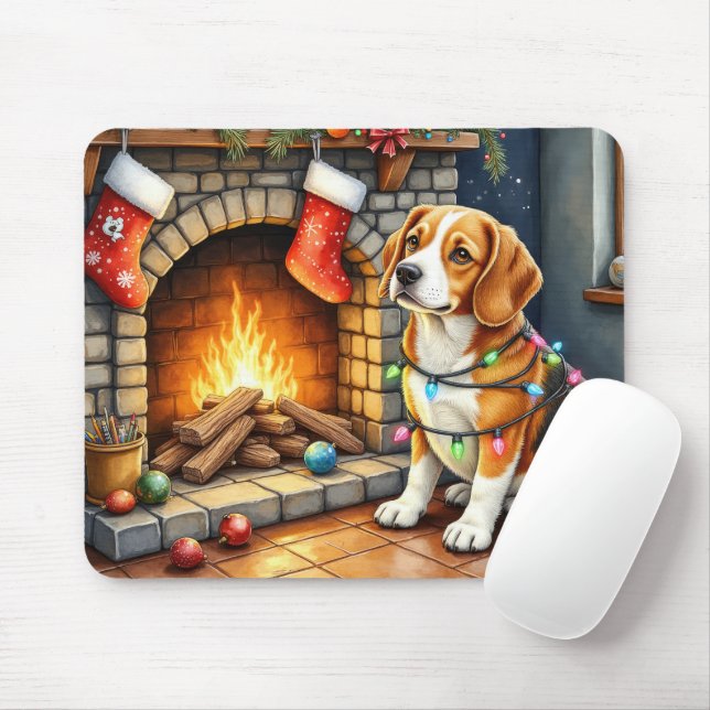 Beagle Sitting by Fireplace with Christmas Lights Mouse Pad (With Mouse)