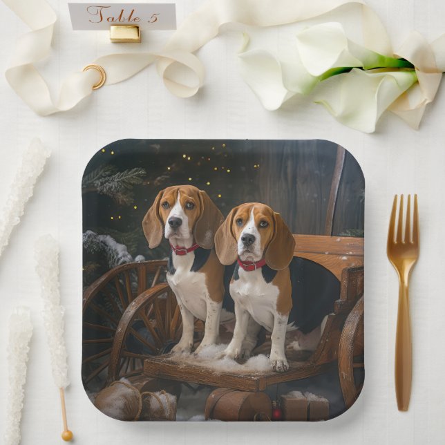 Beagle Snowy Sleigh Christmas Decor  Paper Plate (Wedding)