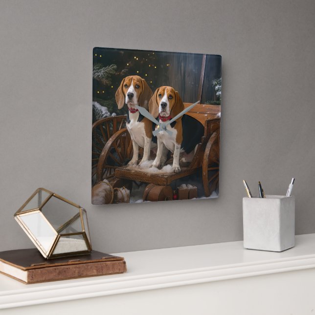 Beagle Snowy Sleigh Christmas Decor  Square Wall Clock (Office)