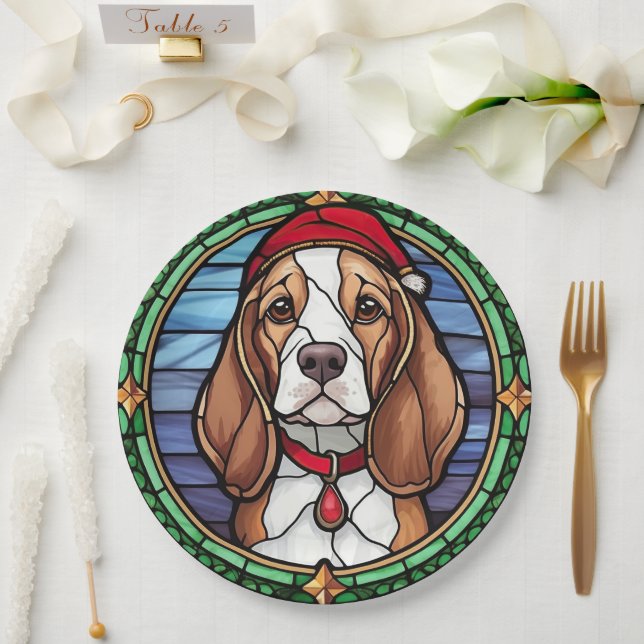 Beagle Stained Glass Christmas Paper Plate (Wedding)