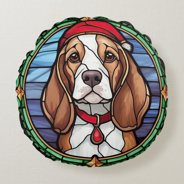 Beagle Stained Glass Christmas Round Cushion (Front)
