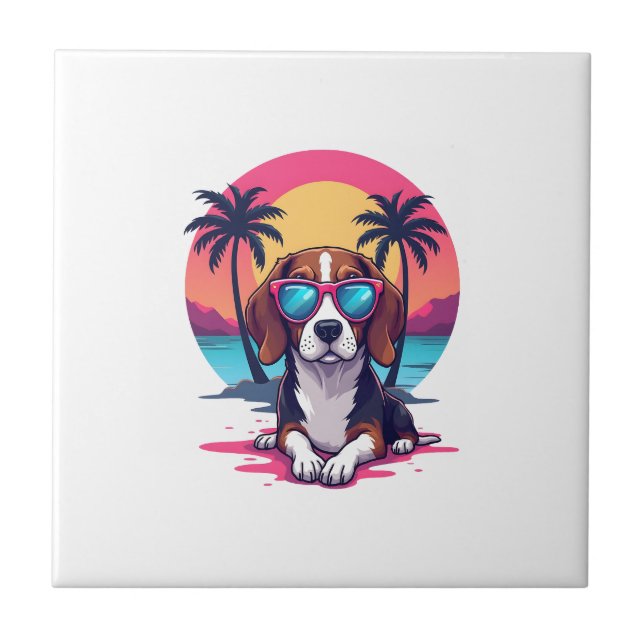 Beagle Sunset Background Shirt, Beagle Mum, Beagle Ceramic Tile (Front)