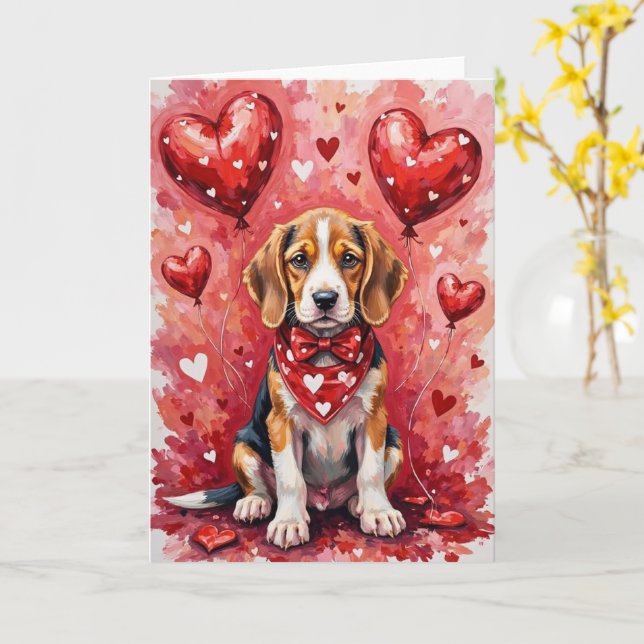 Beagle Valentine’s Day Dog with Hearts Red Card (Yellow Flower)
