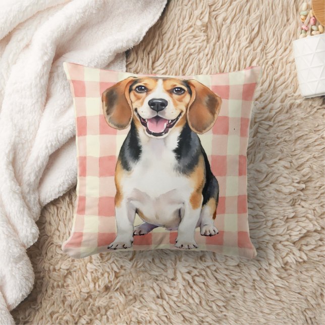 Beagle Watercolor Gingham Pattern Art Cushion (Blanket)