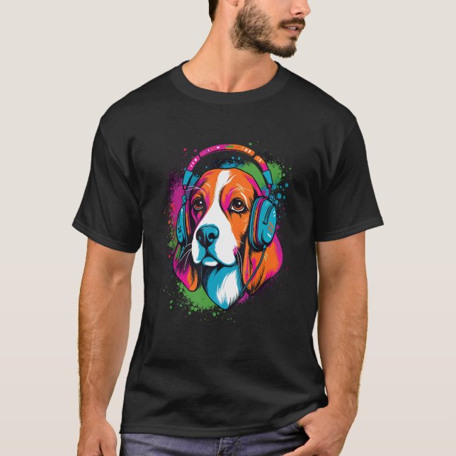 Beagle wearing headphones colorful illustration T-Shirt (Front)