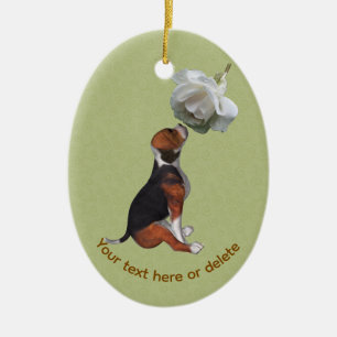 Beagle White Rose Dog Personalised Ceramic Ornament