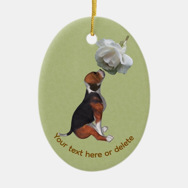 Beagle White Rose Dog Personalised Ceramic Ornament (Front)