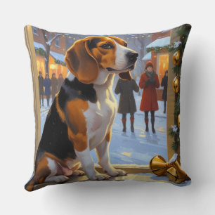 Beagle With Christmas Lights Holiday Cushion