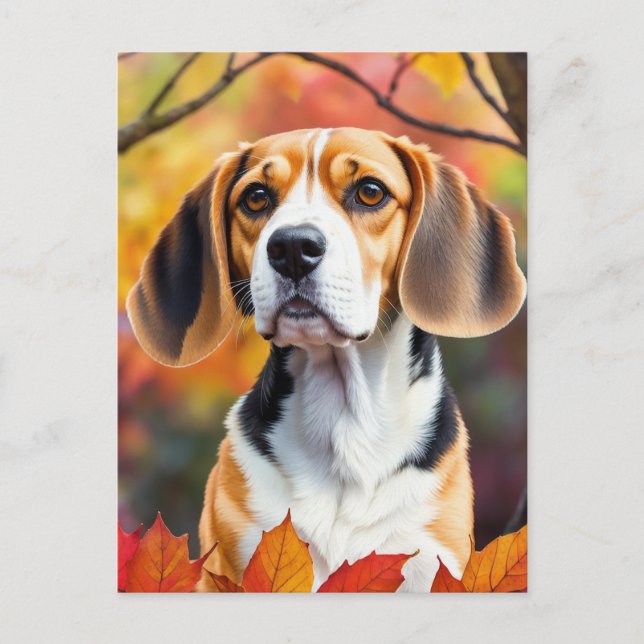 Beagle With Fall Leaves Autumn Art Postcard (Front)