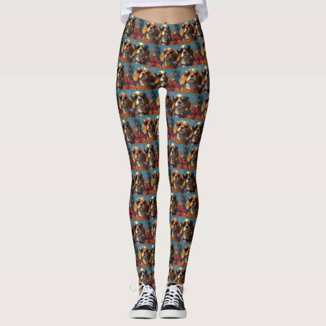 Beagle with Heart Roses Valentine's Day Leggings (Front)