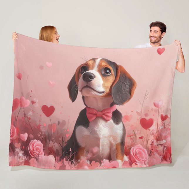 Beagle with Roses - Valentine's Day Fleece Blanket (In Situ)