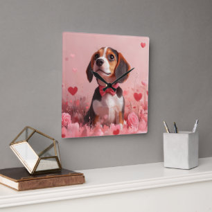 Beagle with Roses - Valentine's Day Square Wall Clock