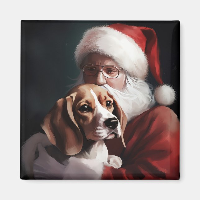 Beagle With Santa Claus Festive Christmas Magnet (Front)