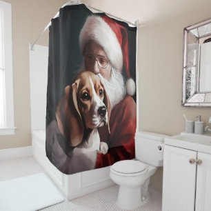 Beagle With Santa Claus Festive Christmas Shower Curtain