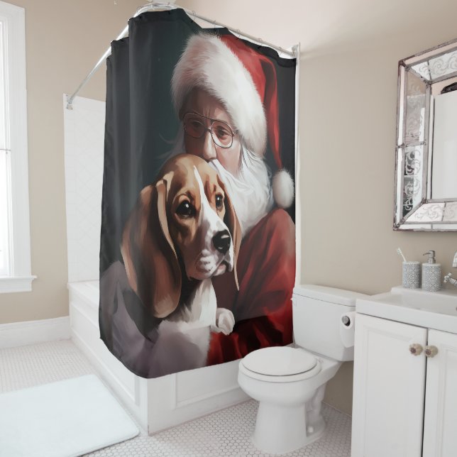 Beagle With Santa Claus Festive Christmas Shower Curtain (In Situ)