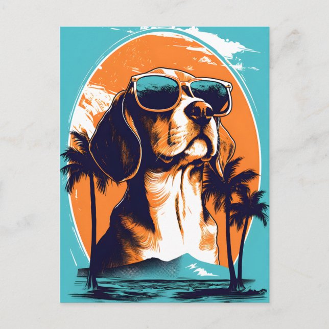 Beagle with sunglasses at a beach postcard (Front)