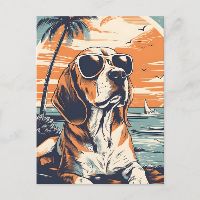 Beagle with sunglasses at a beach postcard (Front)