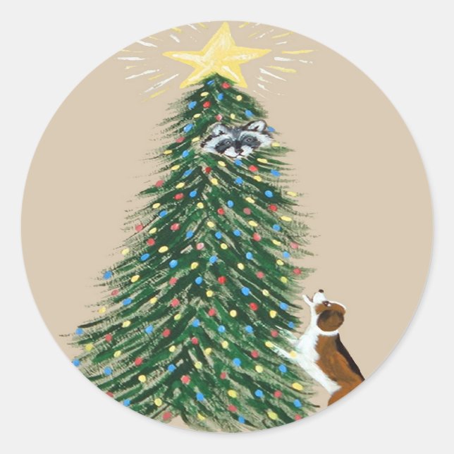 Beagle With Treed Racoon Classic Round Sticker (Front)
