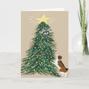 Beagle With Treed Racoon Holiday Card