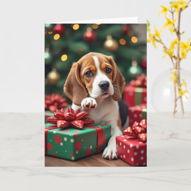 Beagle Wrapping Gifts Christmas Painting Card (Yellow Flower)