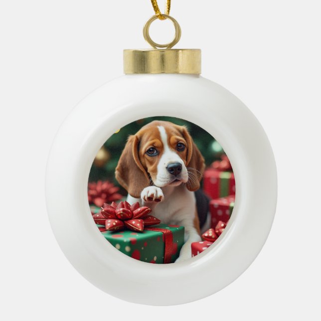 Beagle Wrapping Gifts Christmas Painting Ceramic Ball Christmas Ornament (Front)