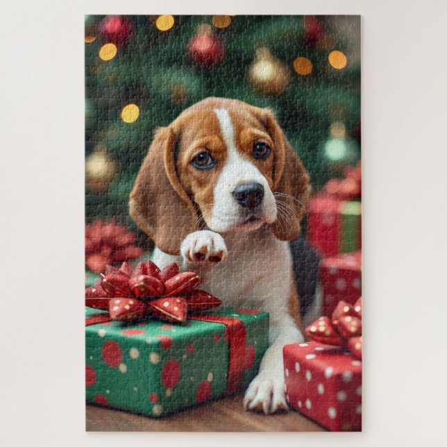 Beagle Wrapping Gifts Christmas Painting Jigsaw Puzzle (Vertical)