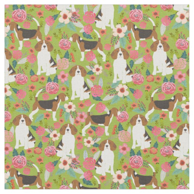 Beagles Flowers Fabric - Green (Close Up)